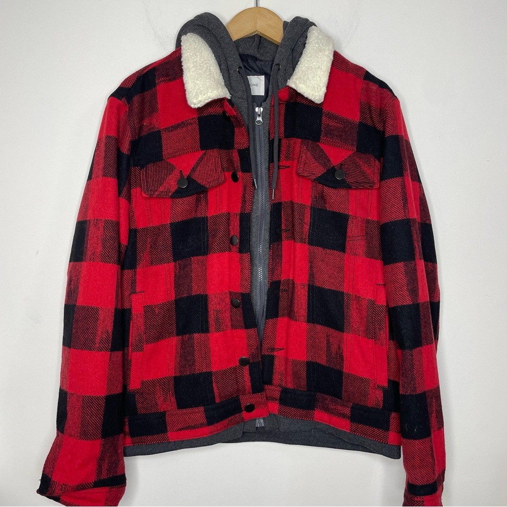 Sun + Stone Red Buffalo Plaid Men's XL Hooded Wool Blend Plaid Trucker Jacket